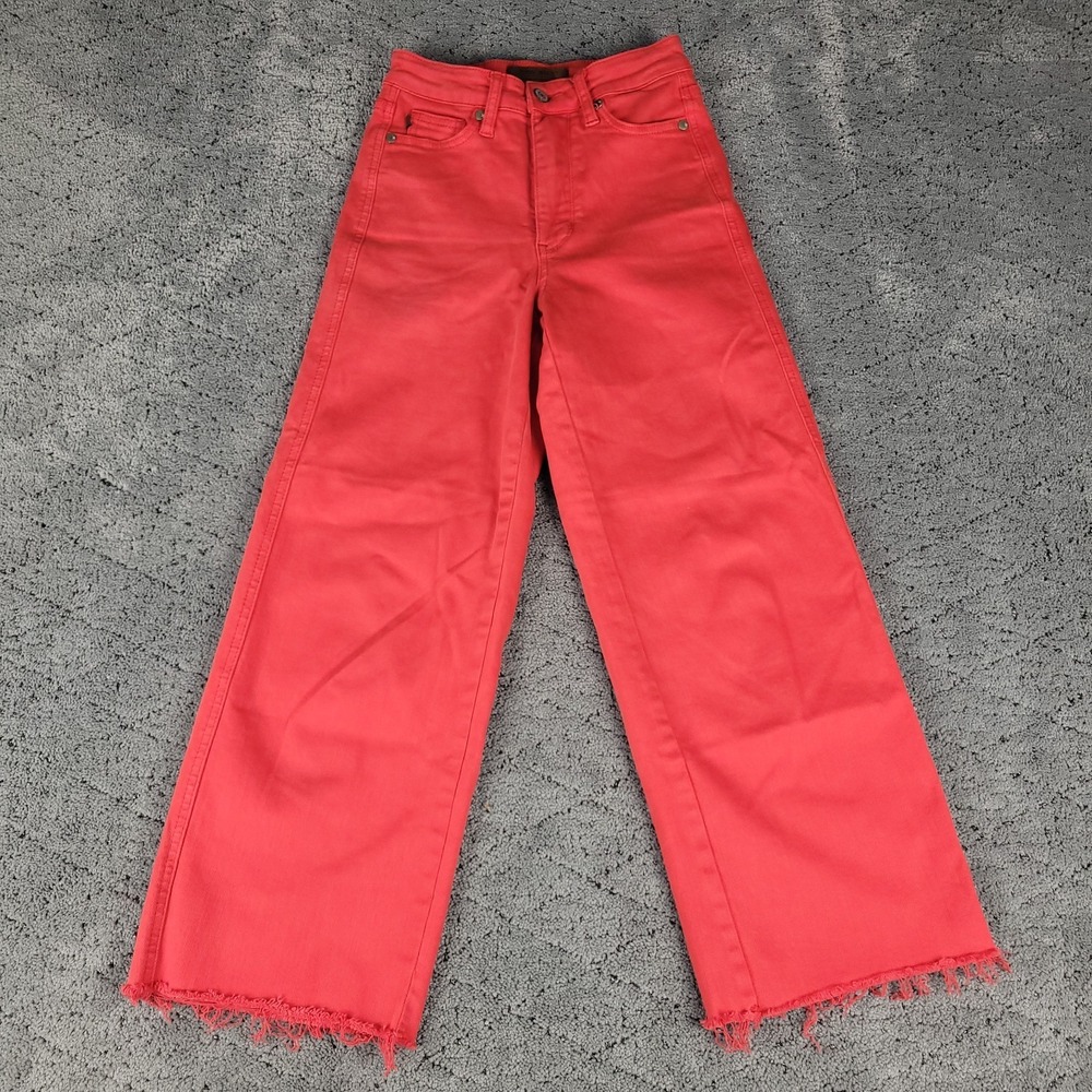 Judy Blue Jeans Womens 0/24 Red Crop Wide Leg Raw Hem Stretch‎ Festival